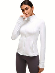 Sporty Long Sleeve Turtle Neck Workout Jacket with Zip Pockets