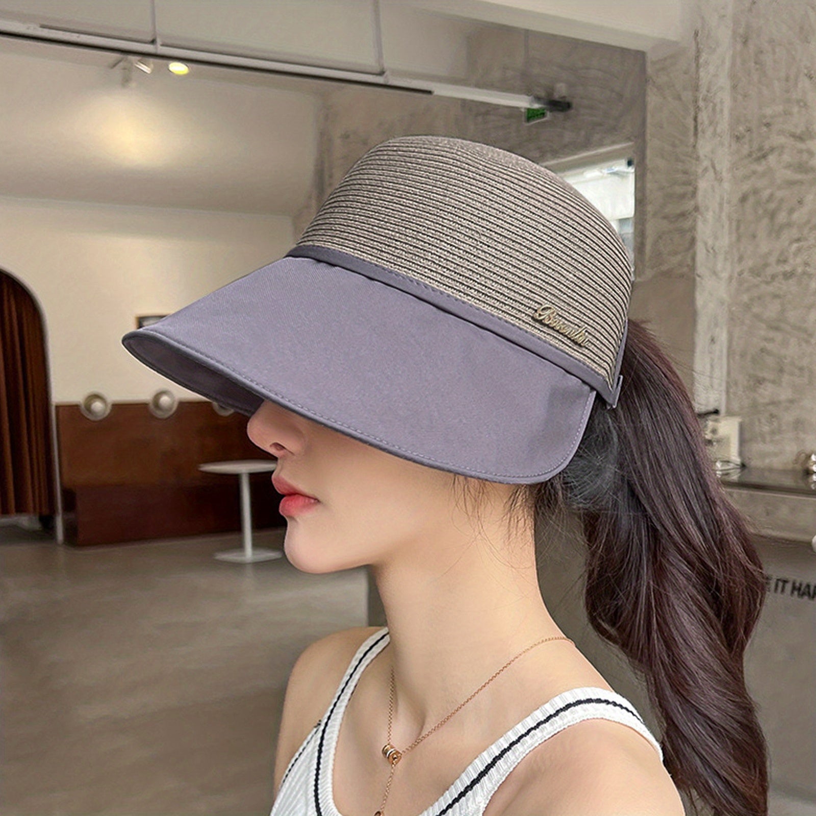 Wide Brim Ponytail Sun Hat UV Protection Bucket Hat for Women