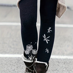  Dandelion & Dragonfly Print Leggings High Rise Medium Stretch