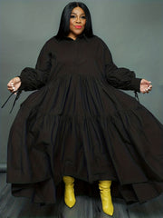 Solid Long Sleeve Maxi Dress Women's Plus Turn Down Collar Long Dress