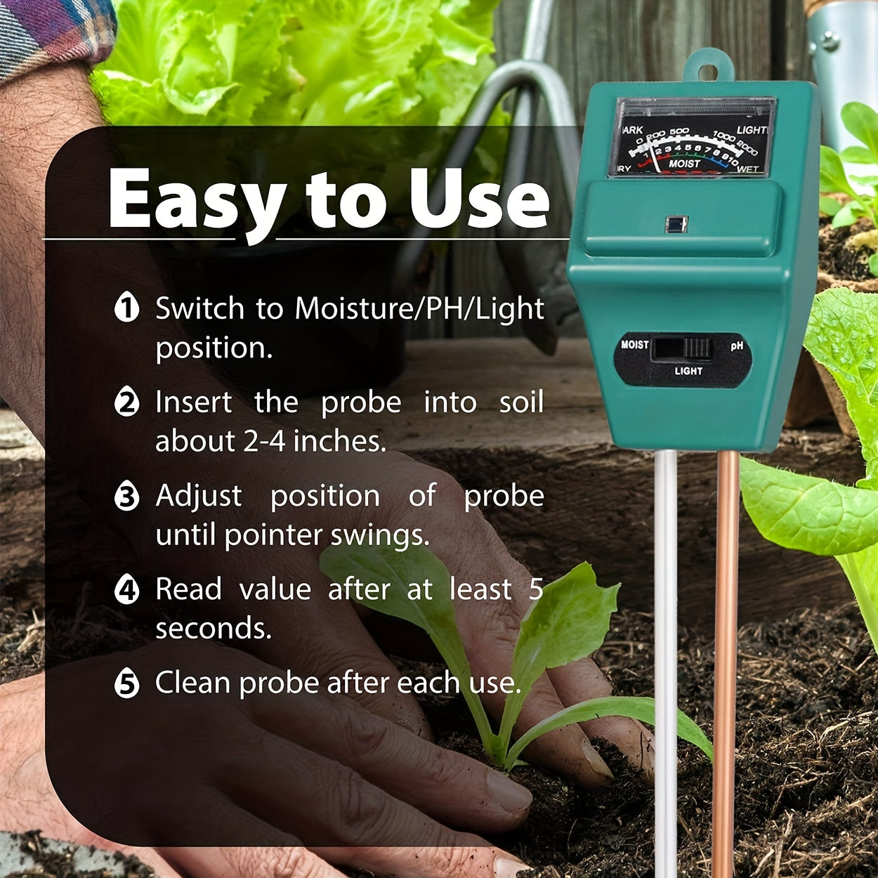3-in-1 Soil Moisture Meter for Plants Indoor Outdoor Gardening Farming