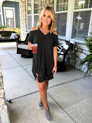 Casual Dress Plain Cold Shoulder Cut Out V Neck