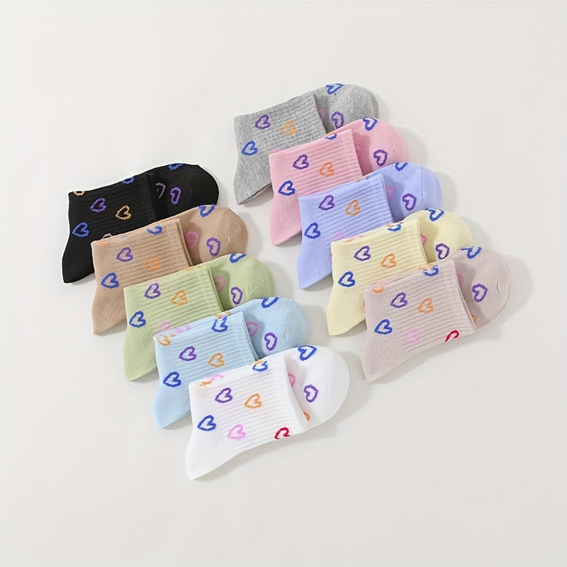 10 Pairs Heart Print Socks Women's Mid Tube Stockings