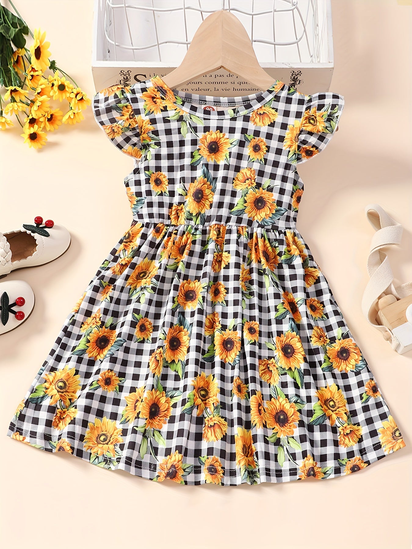 Girl's Plaid Sunflower Graphic Flying Sleeve Dress