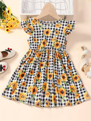 Girl's Plaid Sunflower Graphic Flying Sleeve Dress