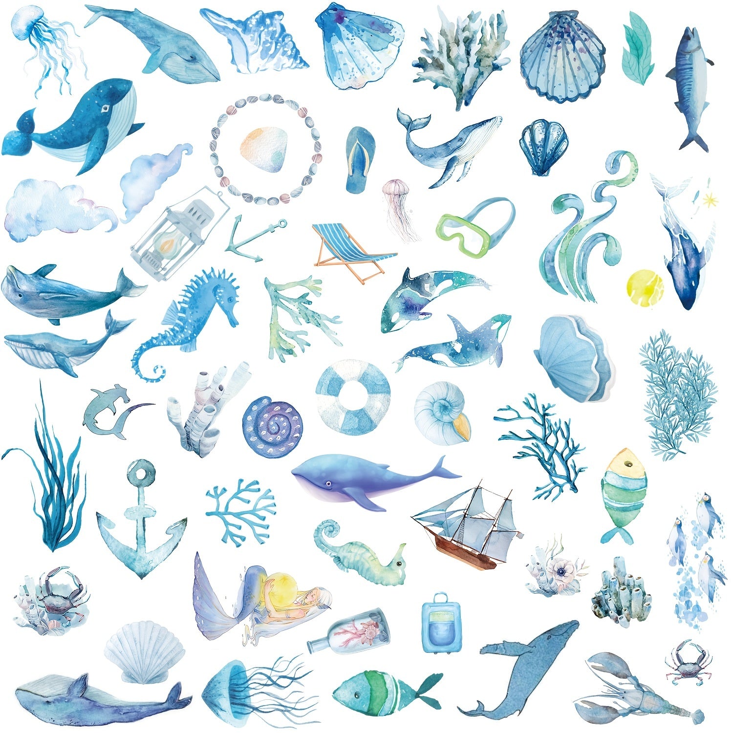 50pcs Watercolor Marine Series Doodle Stickers Waterproof DIY Creative Toys