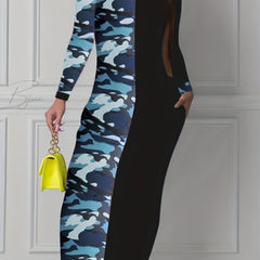  Colorblock Camo Print Maxi Dress