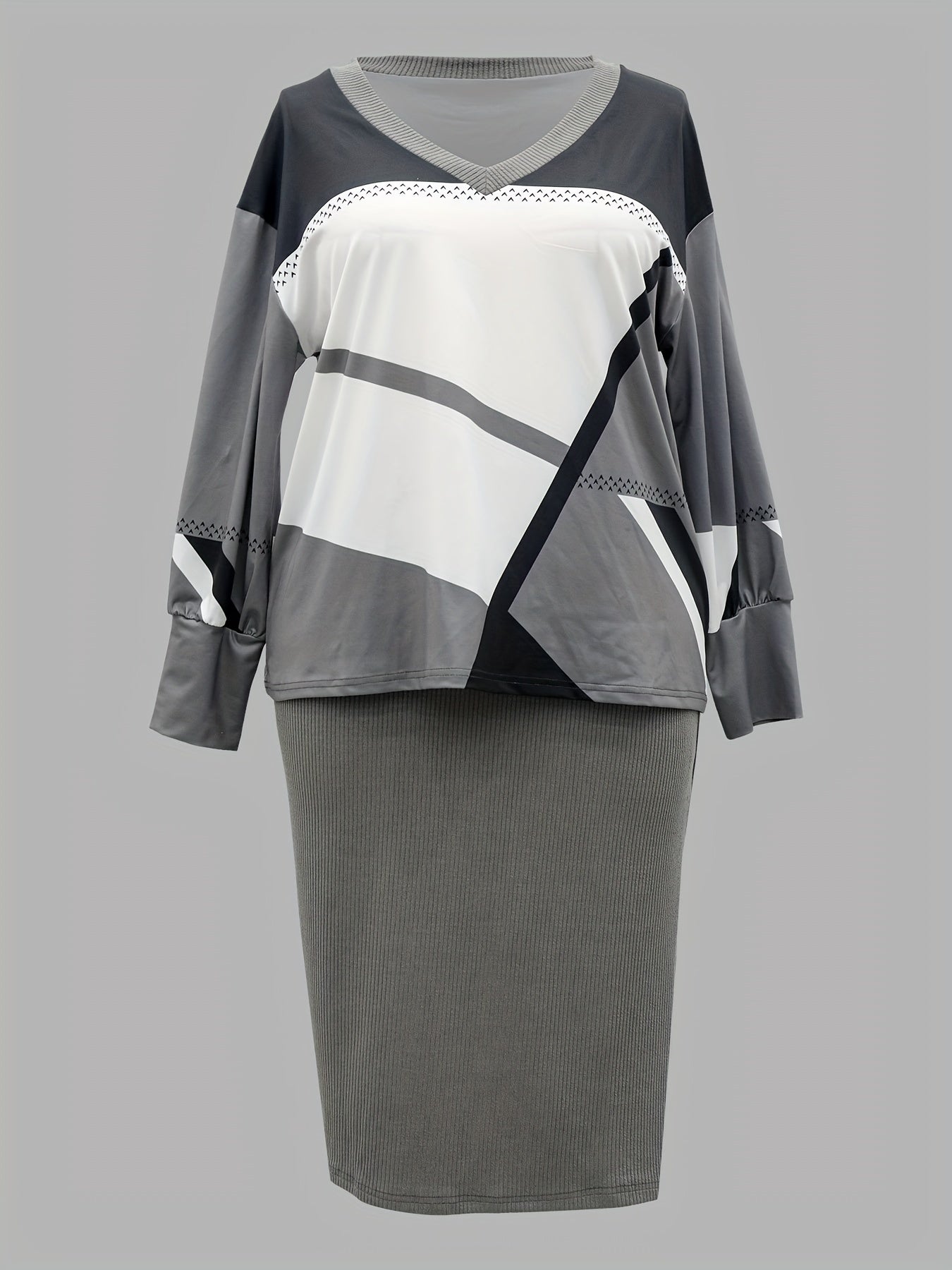  Geo Print Batwing Sleeve Top & Split Skirt 2 Pc Set