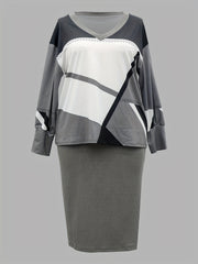  Geo Print Batwing Sleeve Top & Split Skirt 2 Pc Set