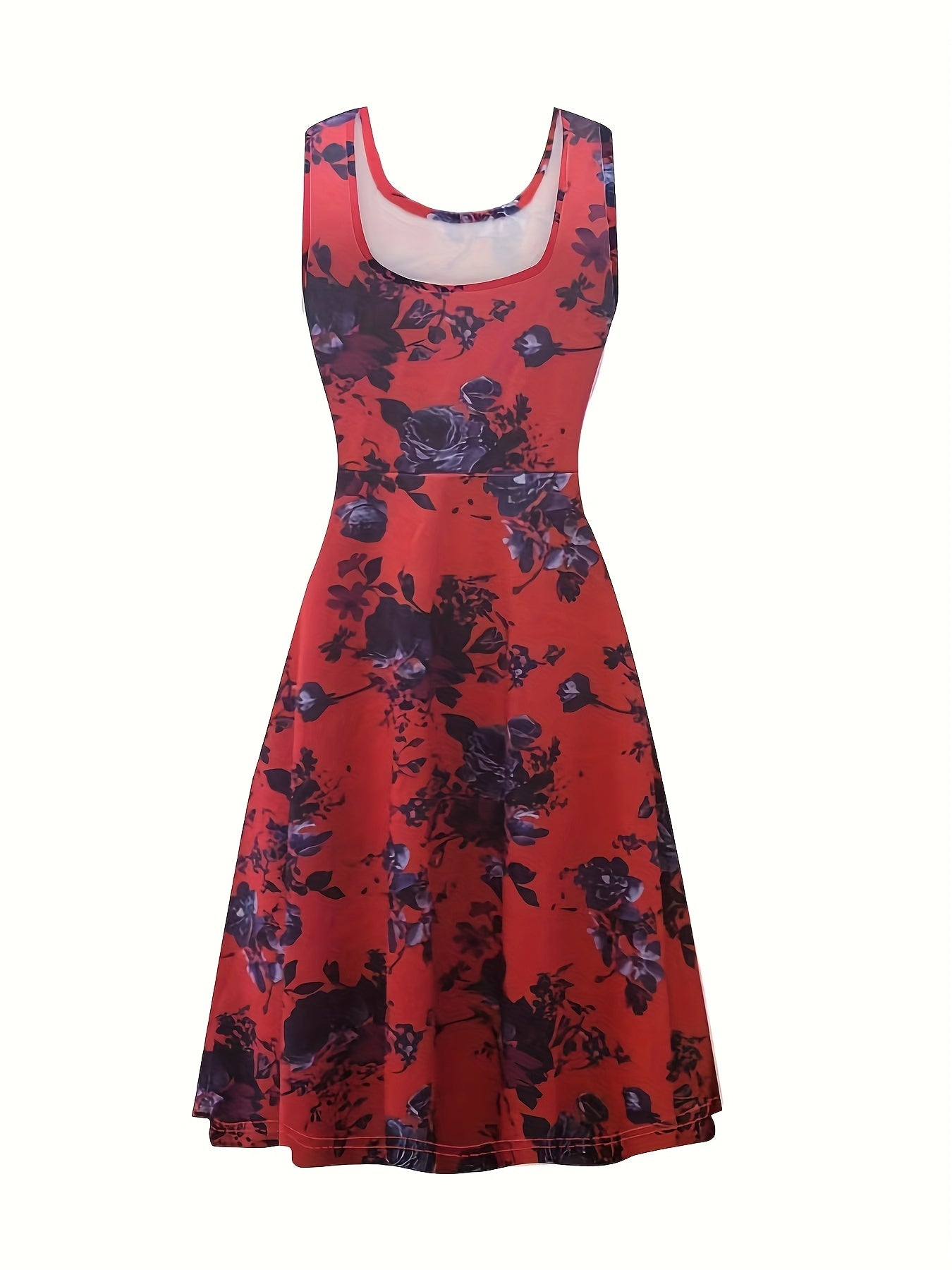  Floral Print Round Neck Stretch Tank Dress