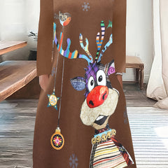  Reindeer Print Long Sleeve Round Neck Knee Length Dress