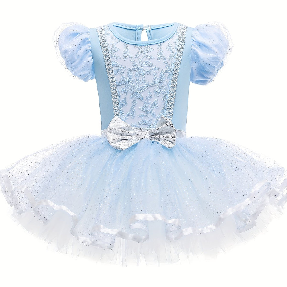 Girls Floral Embroidery Tulle Tutu Mesh Ruffled Sleeve Dance Dress