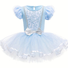 Girls Floral Embroidery Tulle Tutu Mesh Ruffled Sleeve Dance Dress