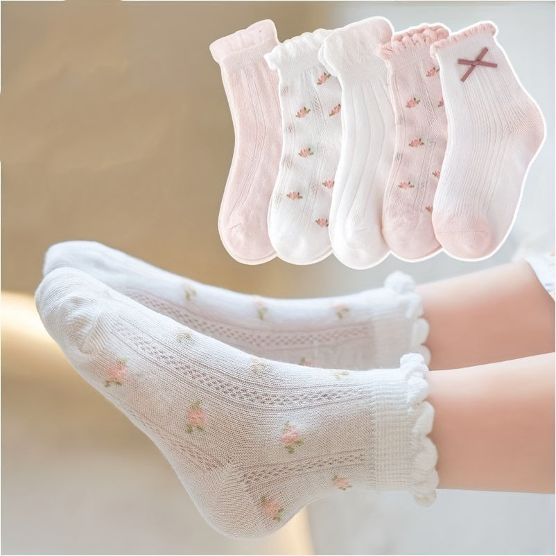 5 Pairs Kids Socks Flowers Pattern Girls Spring Summer Children Baby Girl Clothi