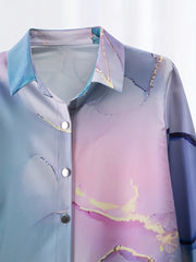 Marble Print Button Up Long Sleeve Blouse