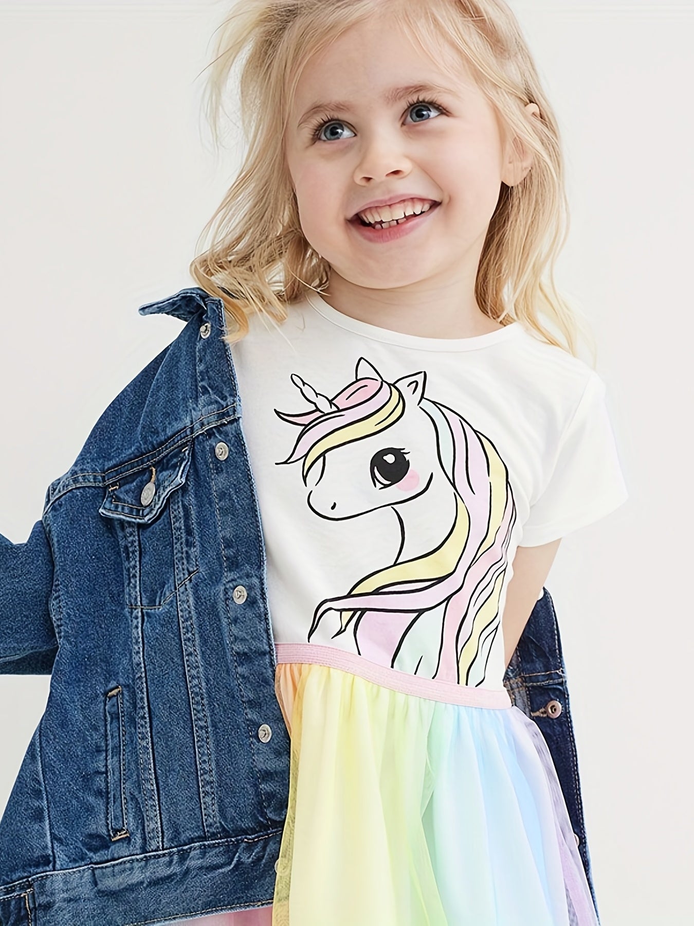 Girls Unicorn Mesh Princess Dress Short Sleeve Cotton TuTu Dress