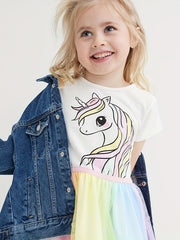 Girls Unicorn Mesh Princess Dress Short Sleeve Cotton TuTu Dress