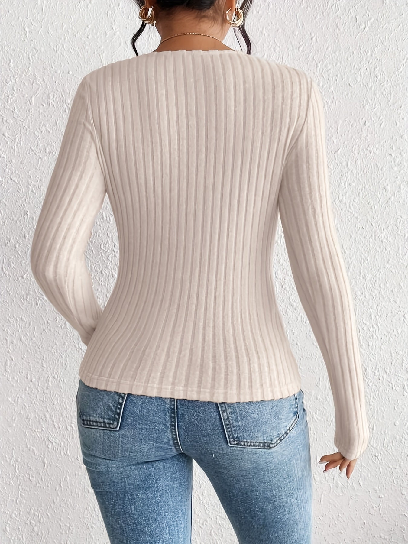  Ribbed Long Sleeve Sweetheart Neck Sweater