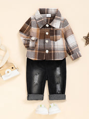 2pc Baby Boys Plaid Shirt & Ripped Denim Jeans Set Toddler Clothes