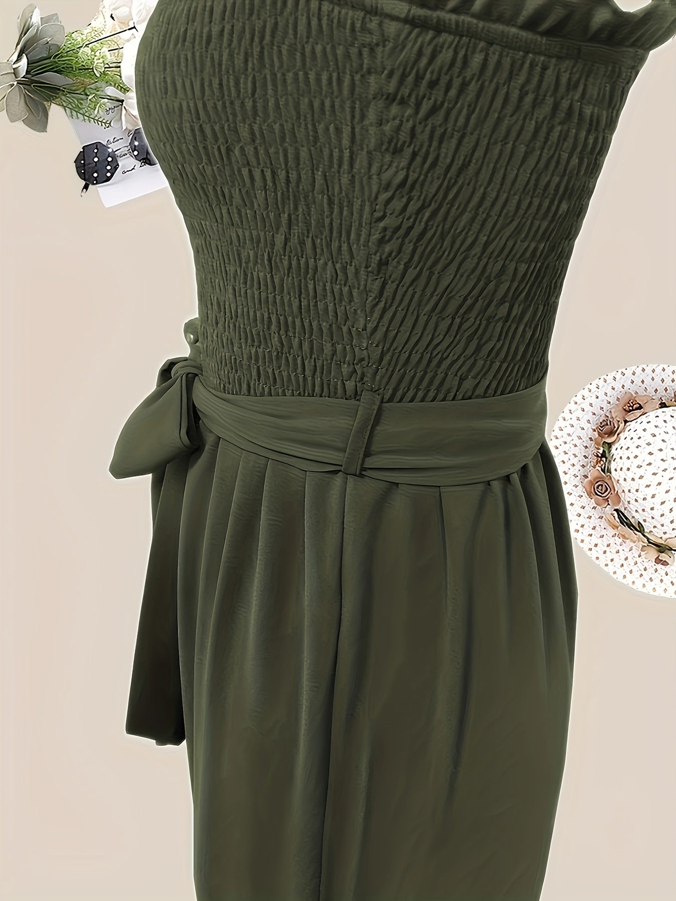 Shirred Wide Leg Jumpsuit Solid Spaghetti Strap Sleeveless