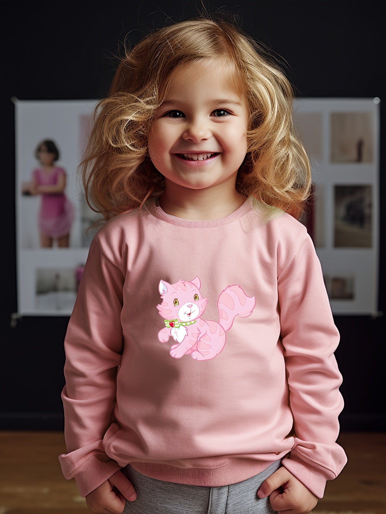 Girls Cat Pattern Crew Neck Sweatshirt for Spring Fall