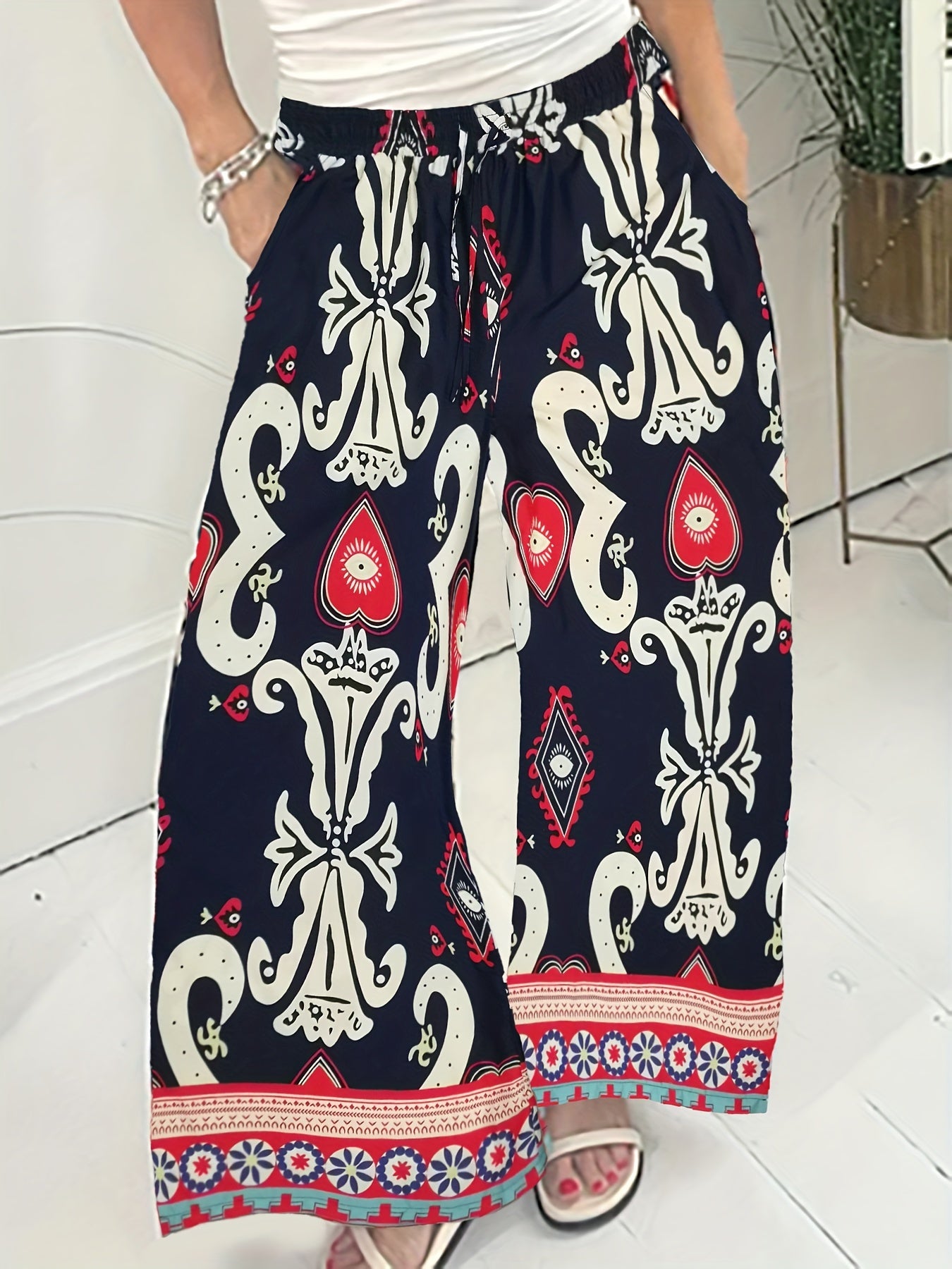  Colorblock Floral Wide Leg Pants With Pockets