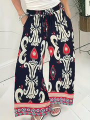  Colorblock Floral Wide Leg Pants With Pockets