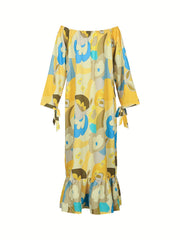  Allover Print Tie Long Sleeve Off Shoulder Ruffle Trim Maxi Dress