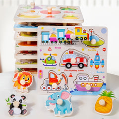 3-Pack Wooden Peg Puzzles for Toddlers - Educational Preschool Toy Set