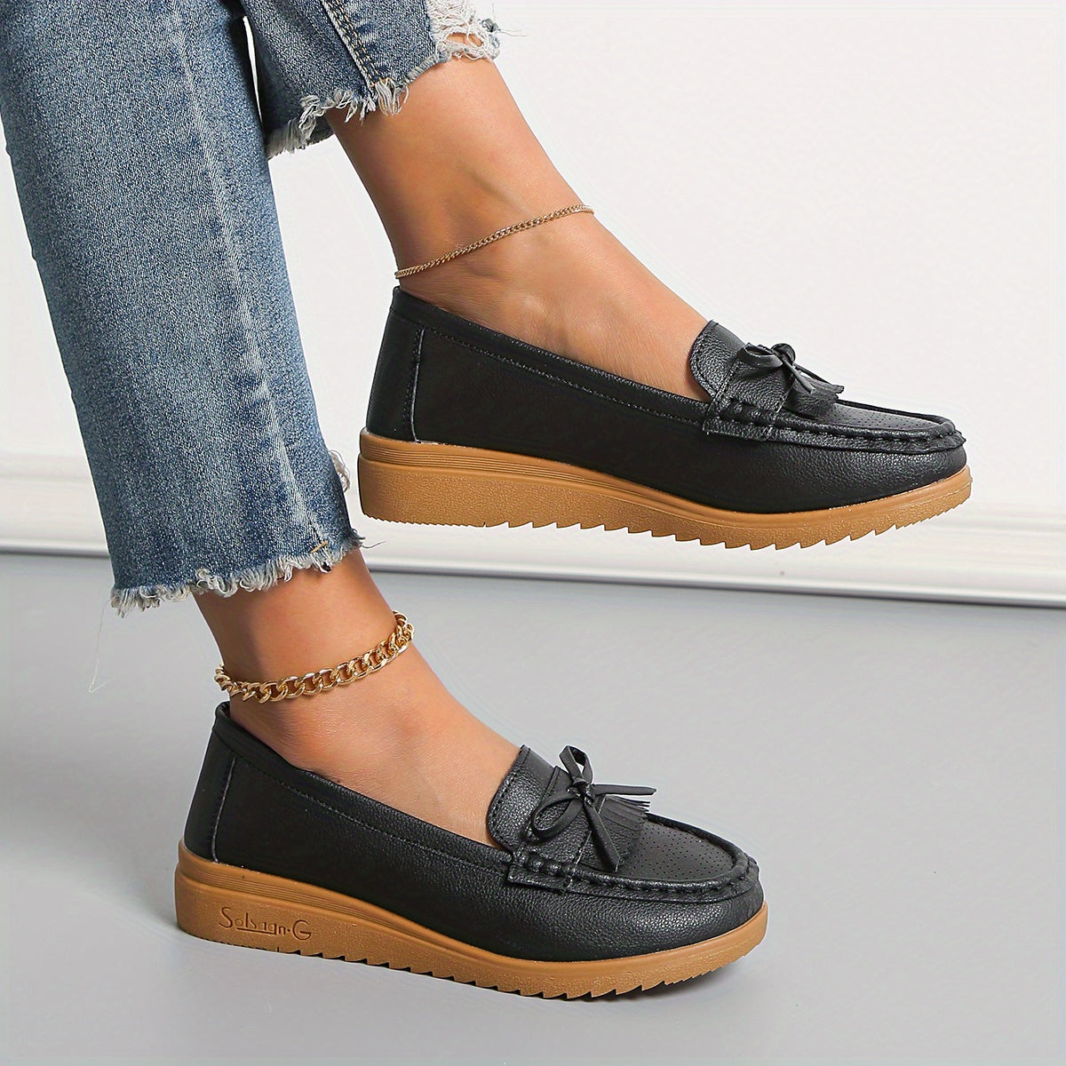 Women's Bow Wedge Loafers Comfy Slip On Shoes Casual Walking