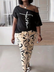  Casual 2 Piece Set Women's Plus Letter Print Top & Drawstring Skirt