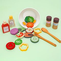 Wooden Fruit and Vegetable Salad Set with Utensils for Kids