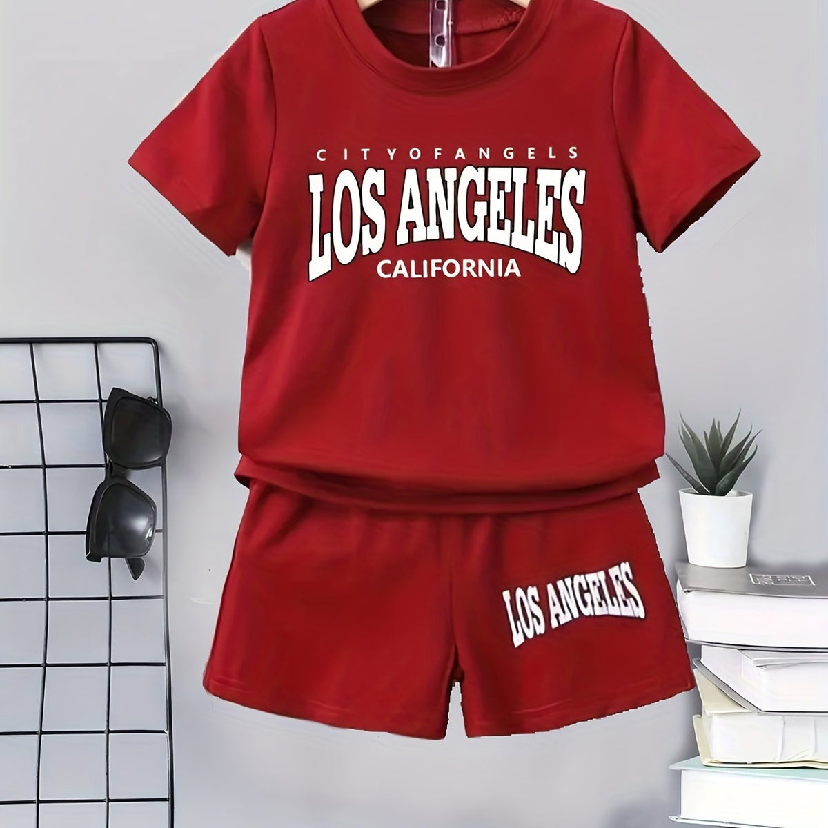2pcs Boys Casual Short Sleeve Suit Comfy LOS ANGELES Letter Print T shirt&shorts