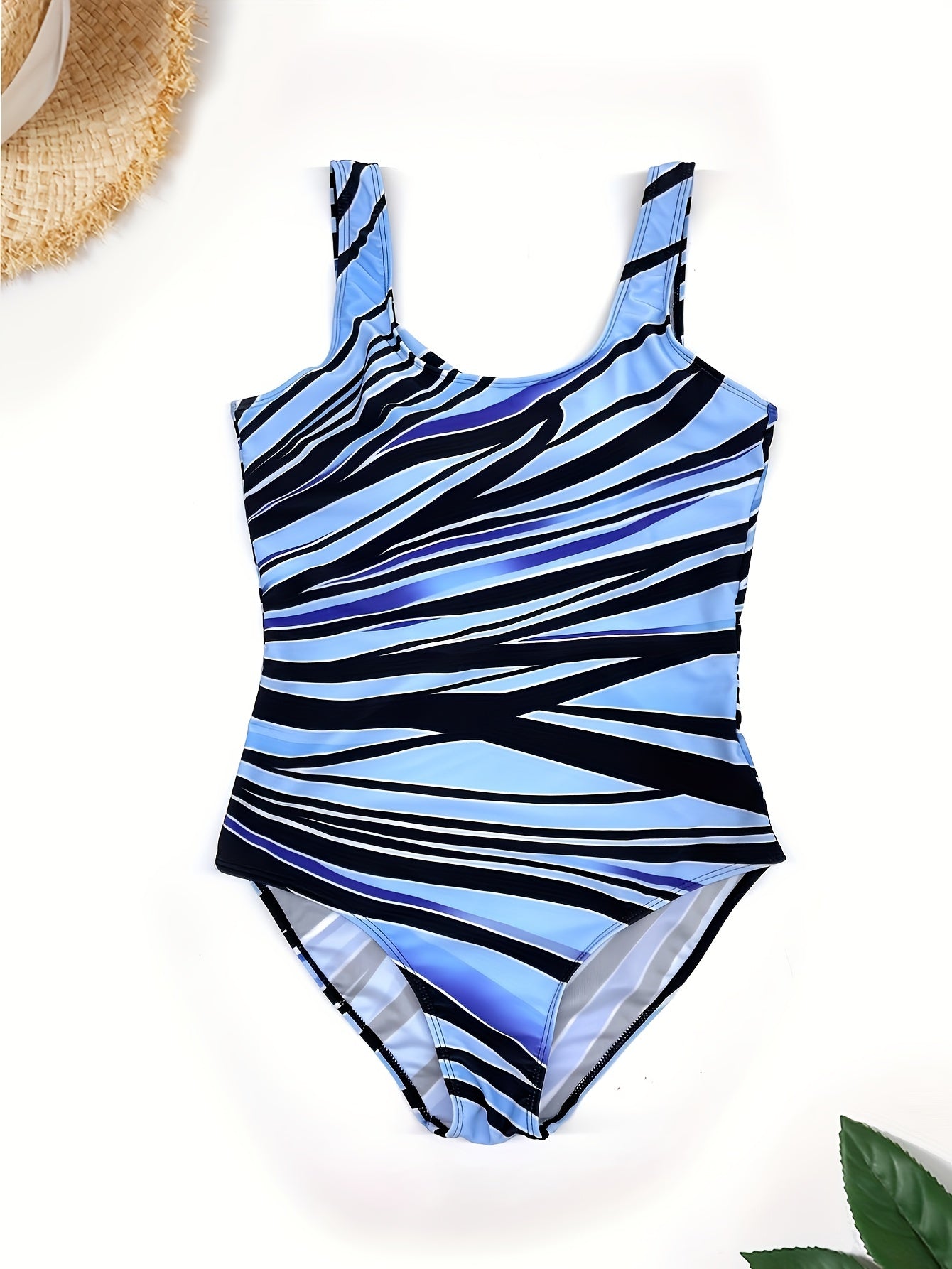  Geometric Print Round Neck One Piece Swimsuit