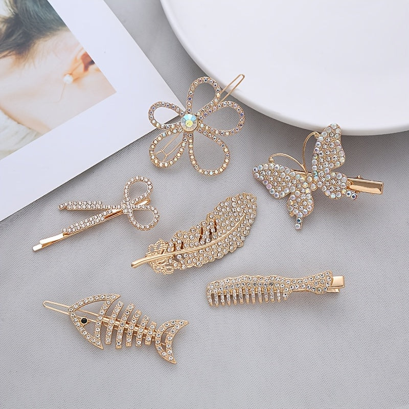 6Pcs Faux Pearl Butterfly Hairpin Crystal Acrylic Hair Clips Vintage Barrettes