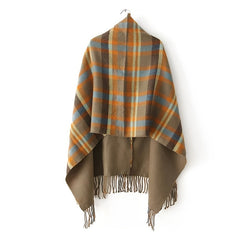 Women Plaid Scarves Wool Shawl Khaki Wool Scarf Boho Cape Winter Tassel