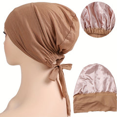 Satin Lined Inner Cap Double Layer Head Scarf Soft Lace Up Head Wraps Hijab Hat