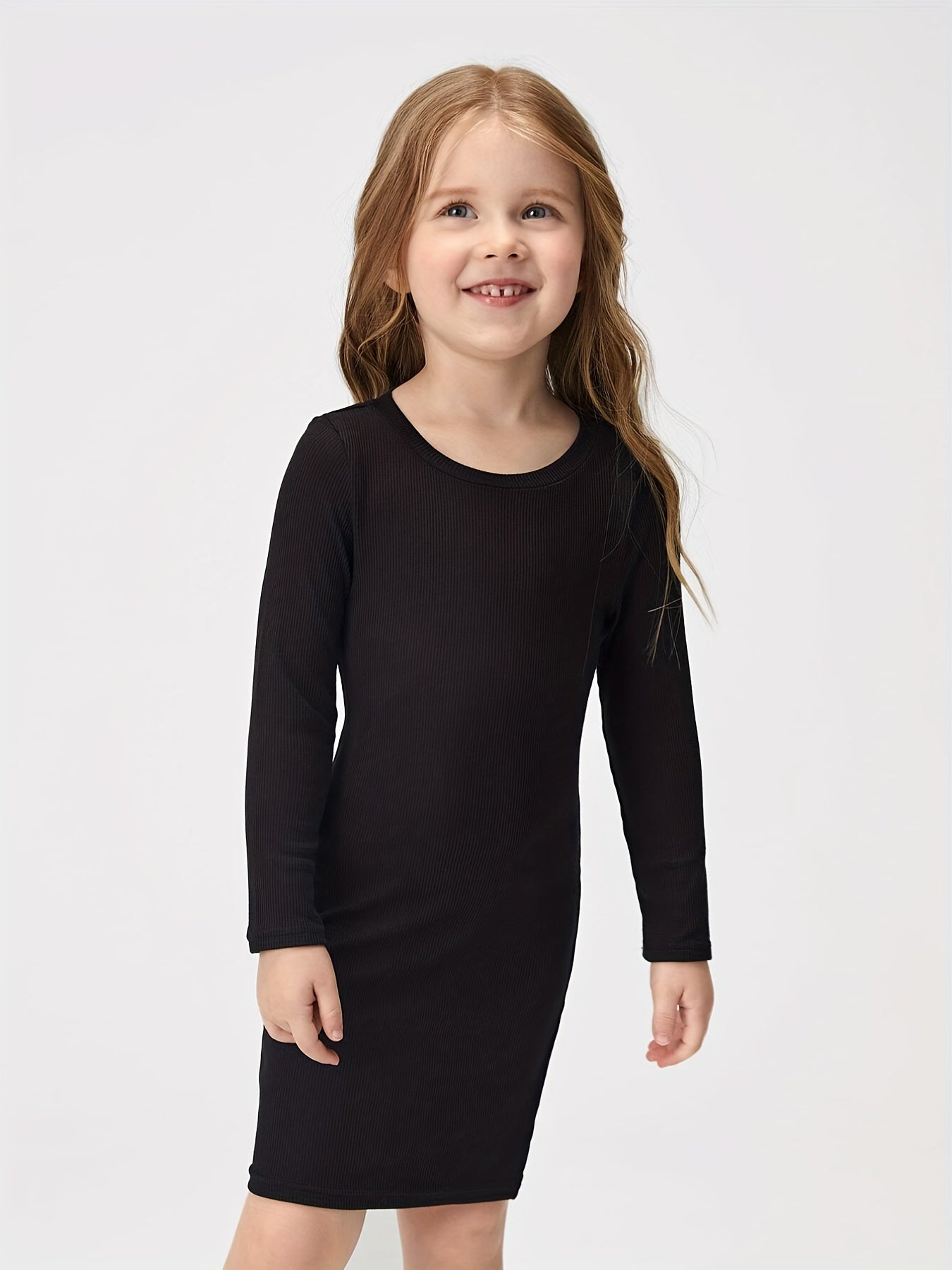 Little Girls Long Sleeve Solid Casual T Shirt Dress Stretchy Comfy Fit