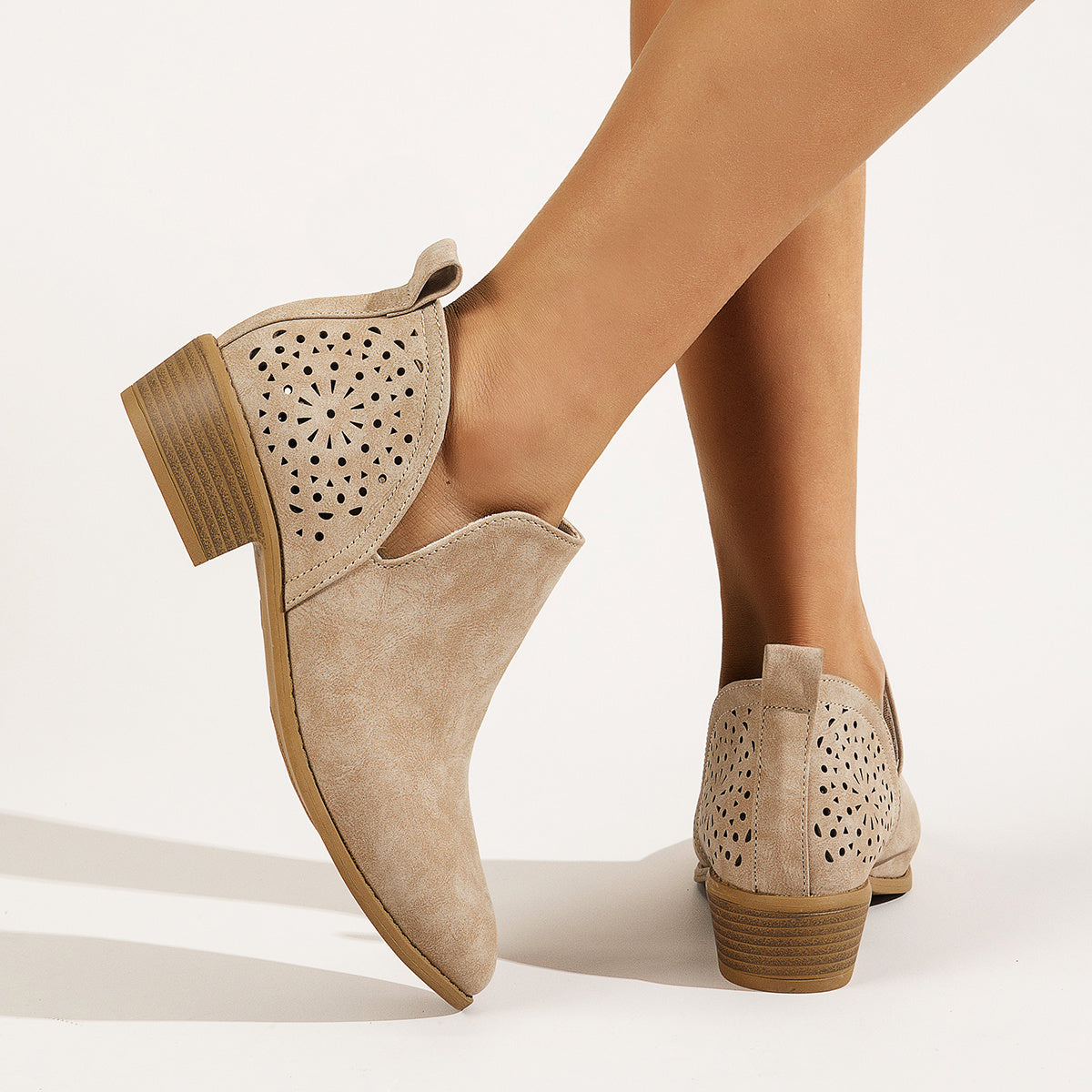 Hollow Out Slip On Chunky Heel Short Boots Women's Shoe