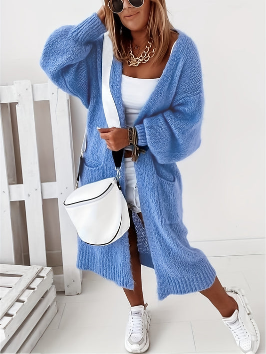  Solid Long Sleeve Open Front Cardigan with Pockets