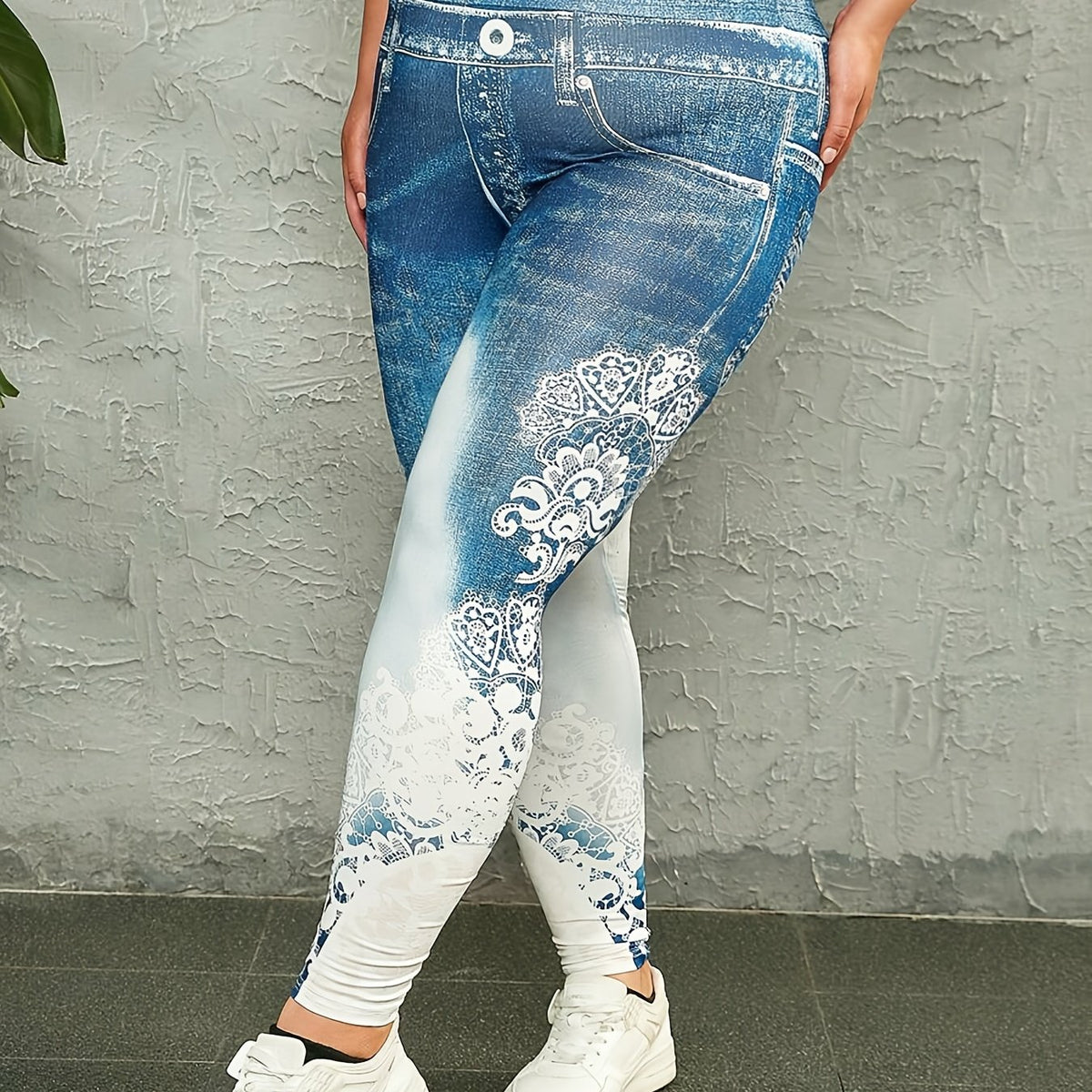  Denim & Lace Print High Rise Stretch Skinny Leggings