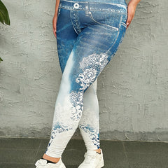  Denim & Lace Print High Rise Stretch Skinny Leggings