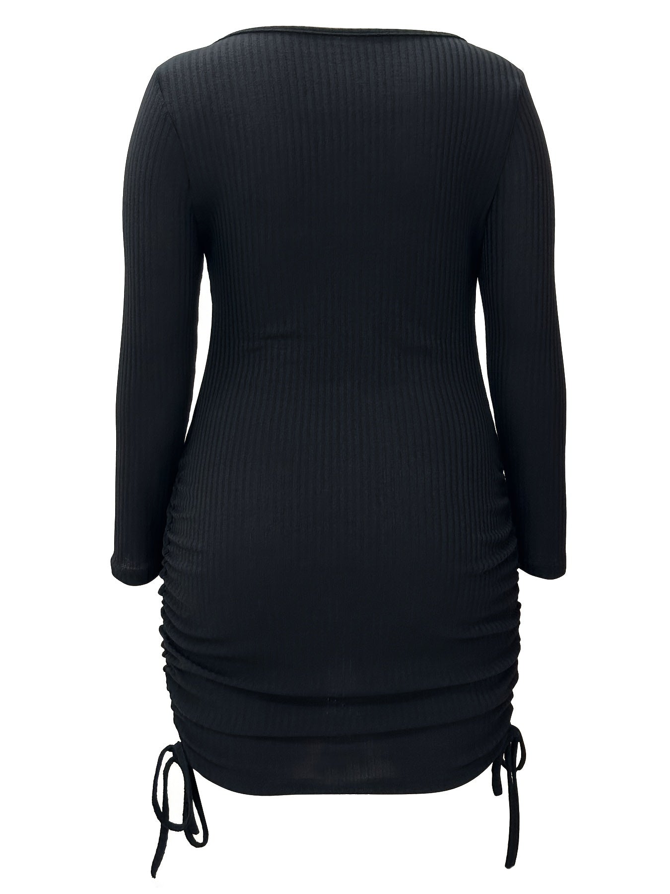  Ribbed Long Sleeve V Neck Drawstring Ruched Dress
