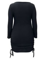 Ribbed Long Sleeve V Neck Drawstring Ruched Dress