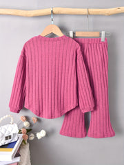 Girl's Ribbed Long Sleeve Top & Flared Pants Set Casual Outfits Spring Fall
