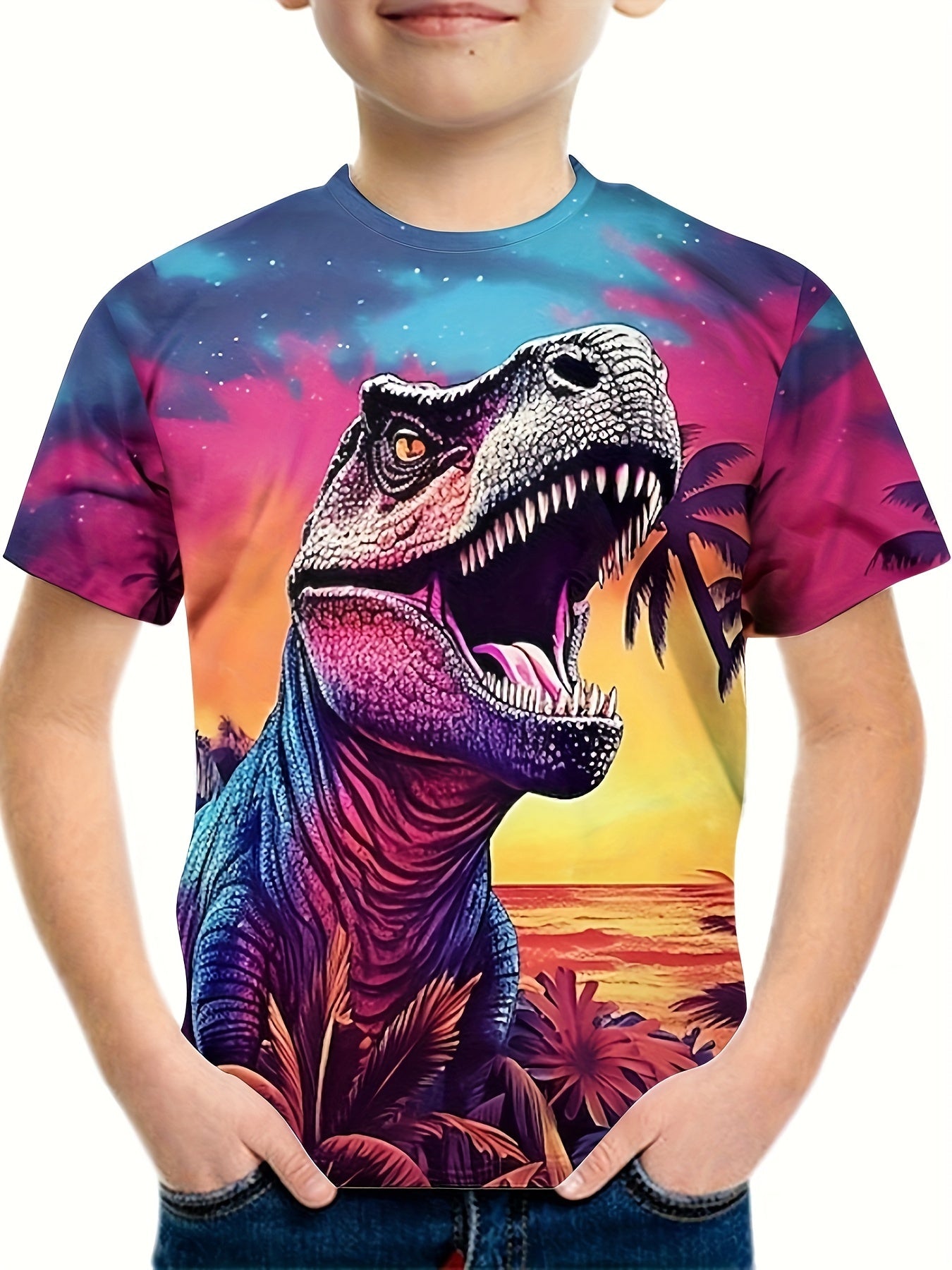 Boys Dino Print T shirt Kids Short Sleeve Top For Summer