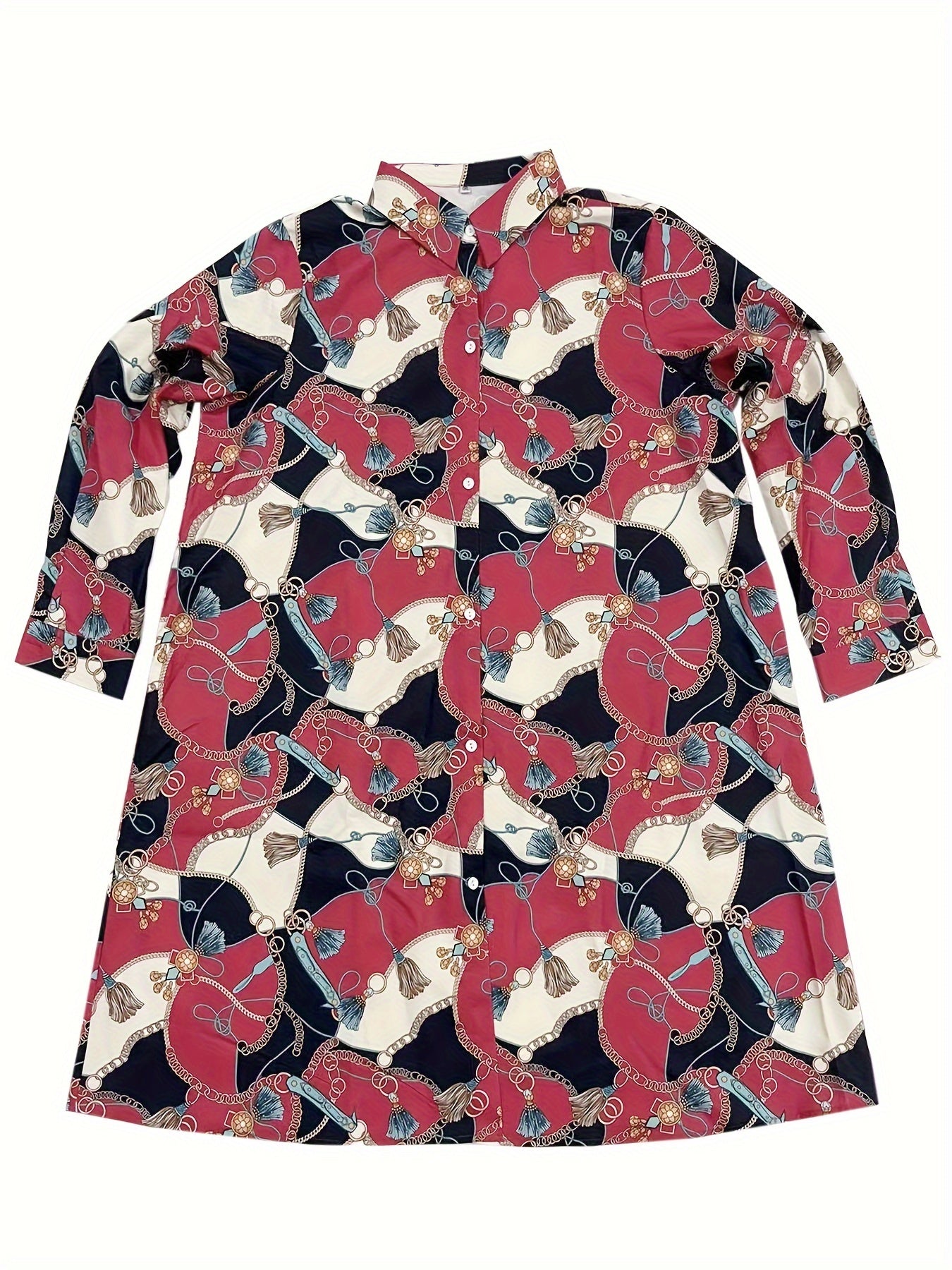  Baroque Print Button Up Shirt Dress