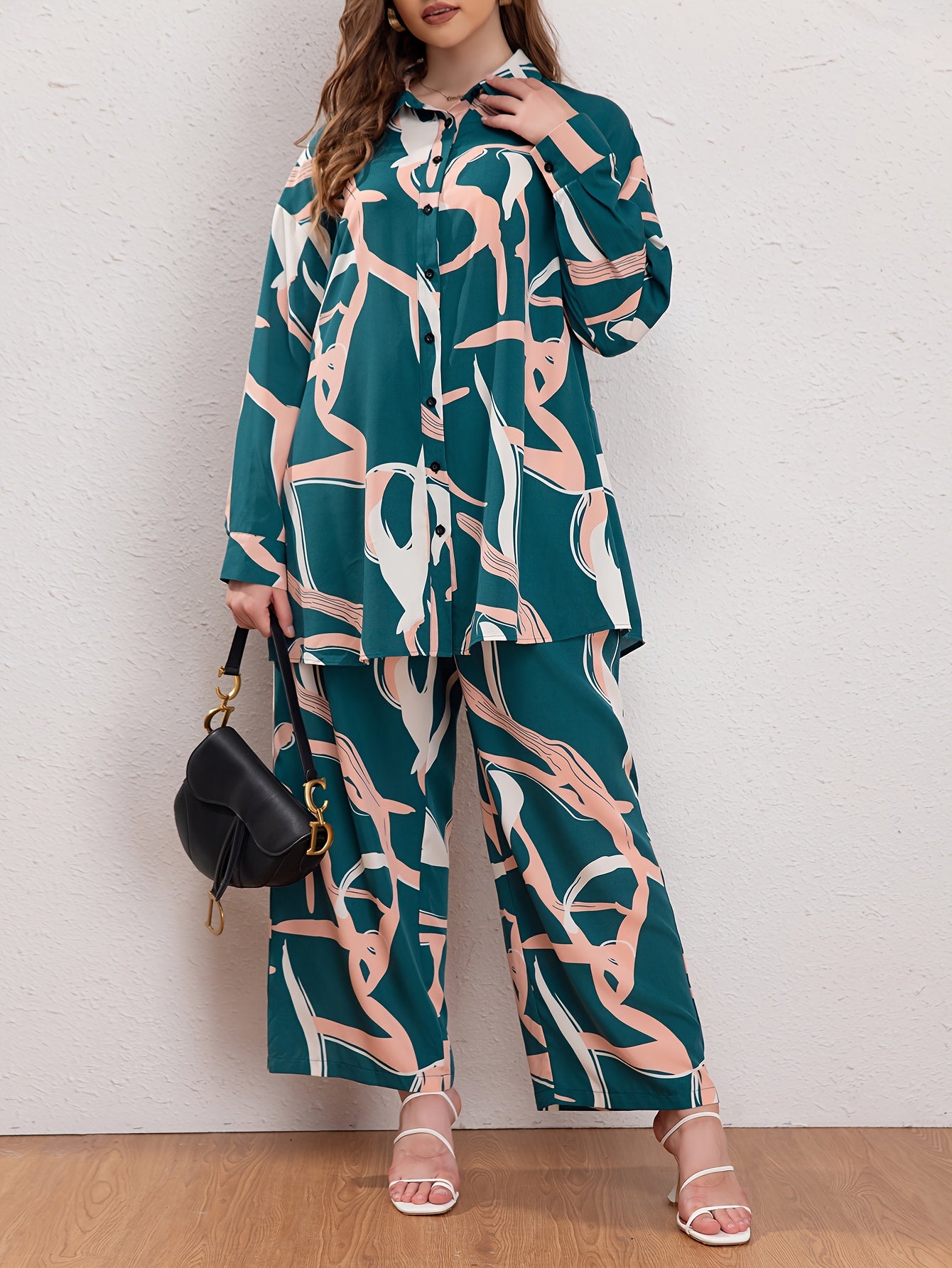  Graffiti Print Long Sleeve Shirt & Pants Set