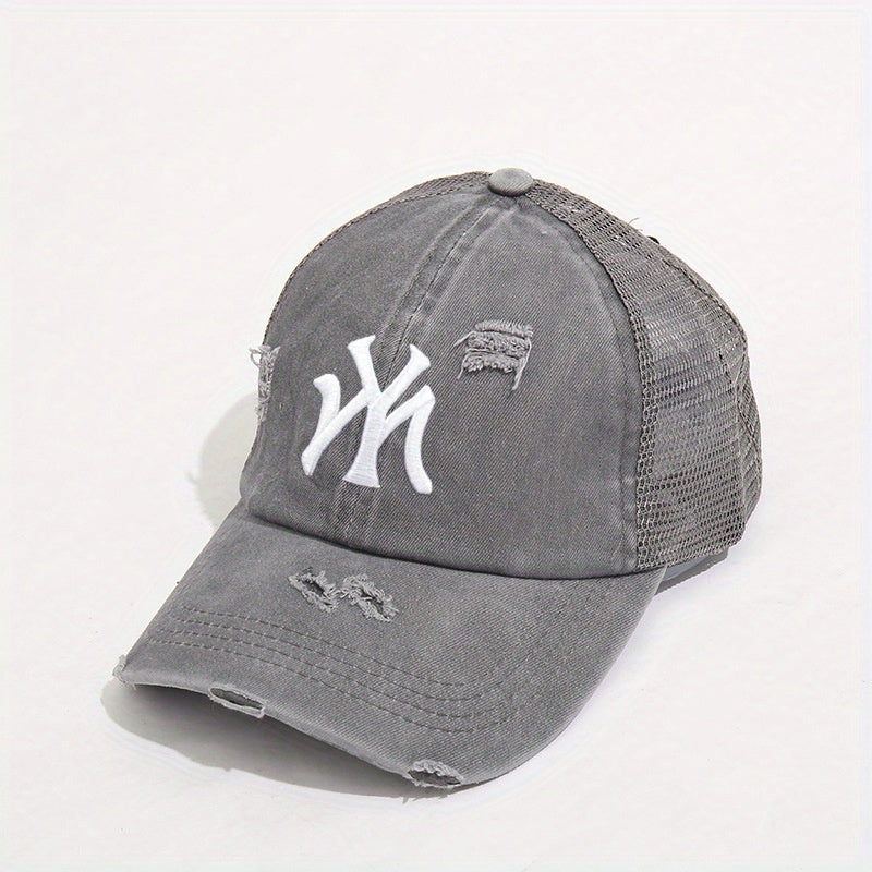 Embroidery Ponytail Trucker Hat Candy Ripped Washed Distressed Baseball Cap