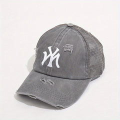 Embroidery Ponytail Trucker Hat Candy Ripped Washed Distressed Baseball Cap
